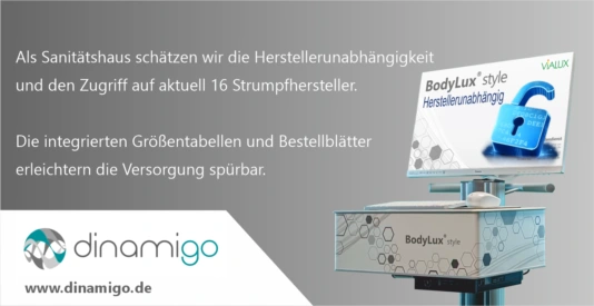 Grafik, die eine Rezension zu BodyLux des Sanitätshauses Dinamigo zeigt.